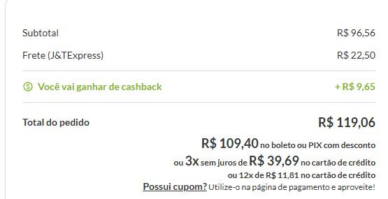 Resumo do carrinho com Você vai ganhar de cashback e R$ 9,65