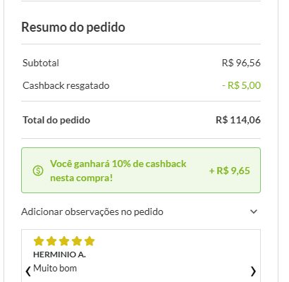 Resumo exibindo Cashback resgatado de menos R$ 5,00 e o cashback que a nova compra irá gerar