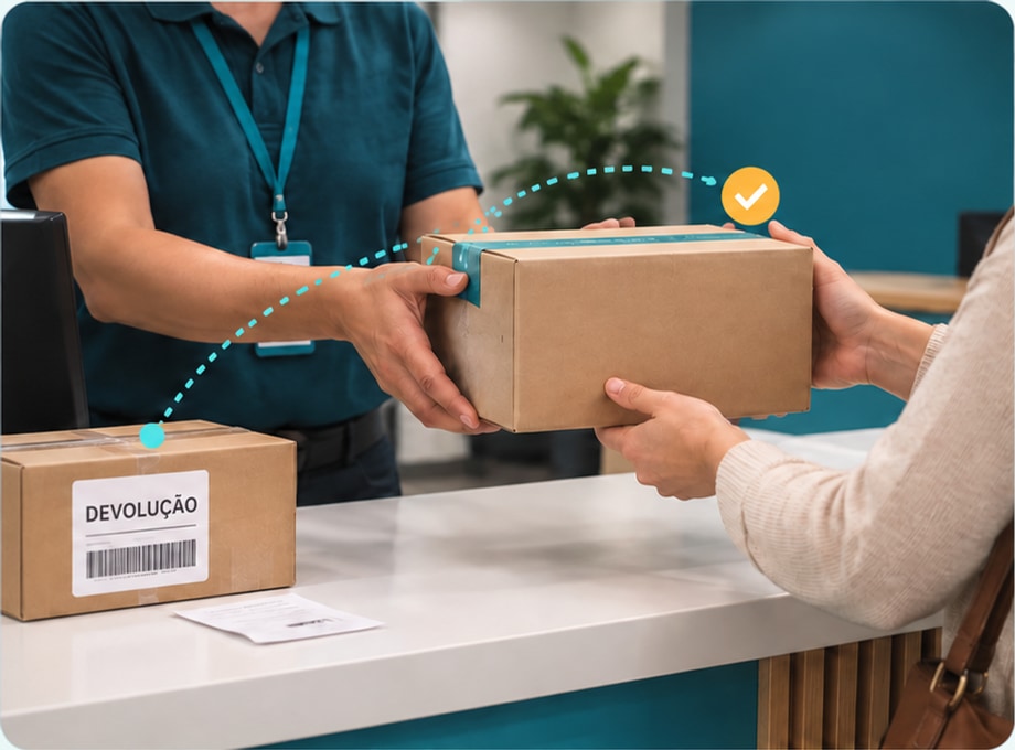 Atendente entregando um produto de substitui��o durante processo de troca ou devolu��o